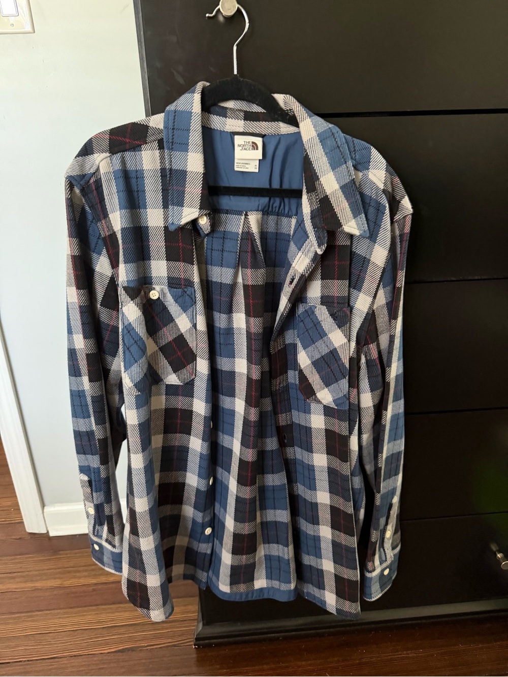 The North Face Blue, White and Black Plaid Button-Up Shirt Jacket
